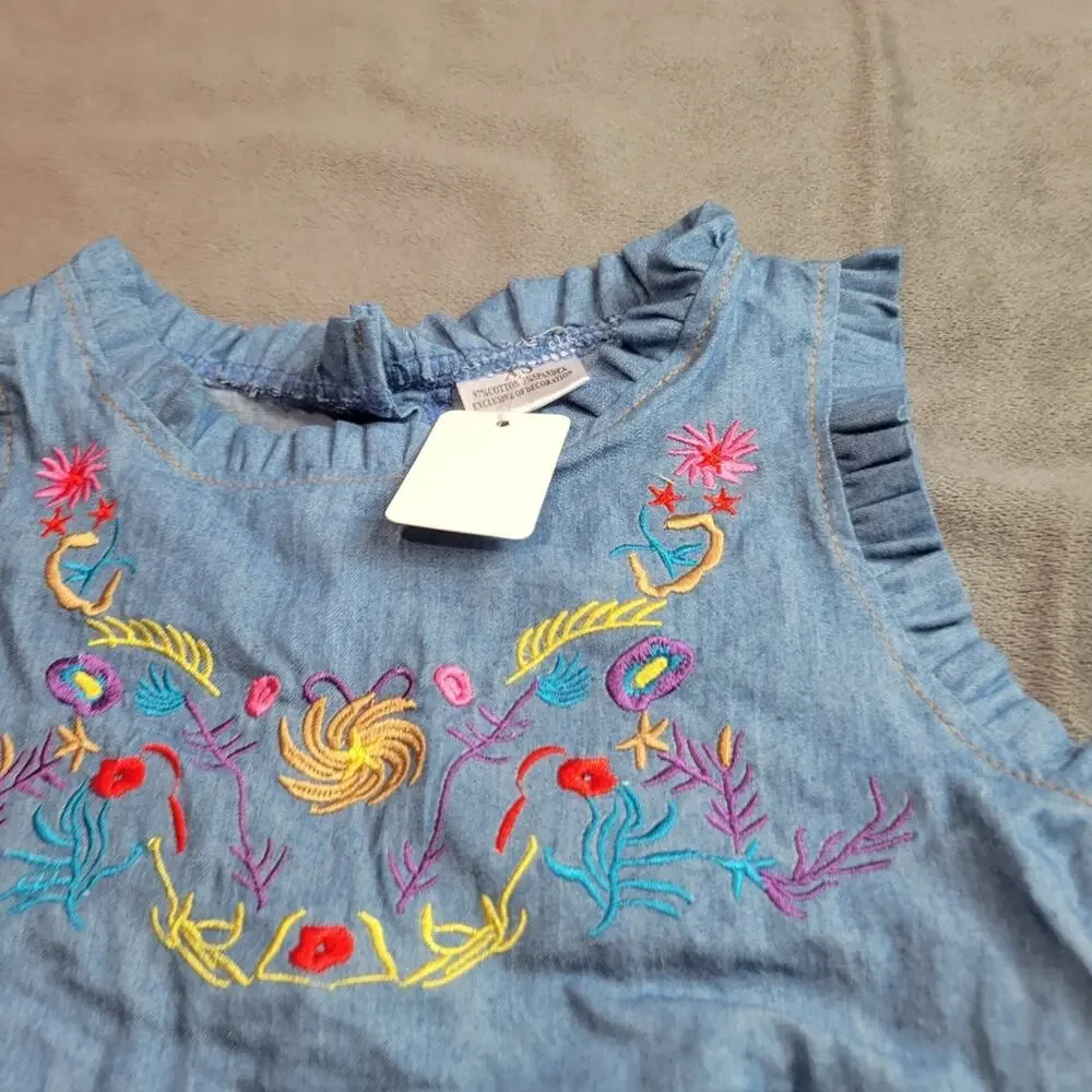 Boutique‎ Dress Girls Blue Pink Embroidered Flowers Chambray Size 18-24 Used
